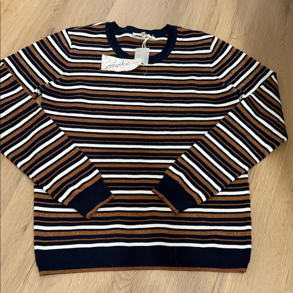 Mystree Navy and shimmer Brown Striped Crewneck Sweater